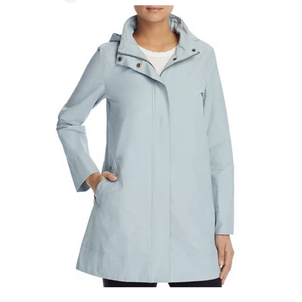 Eileen Fisher Stowaway Hood Rain Jacket Full Zip Snap Lightweight Light Blue L